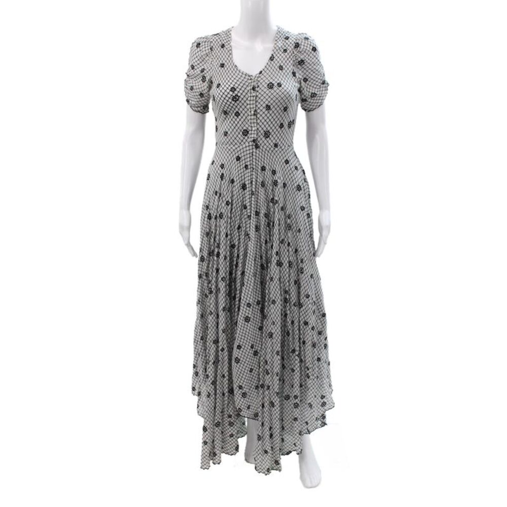 Love Shack Fancy Womens Maxi Dress Black Floral Check Scoop Neck Zip Size 2